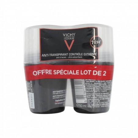 Vichy Homme Déodorant Anti-Transpirant 72H Contrôle Extrême Roll-On Lot de 2 x 50 ml 3433425000640