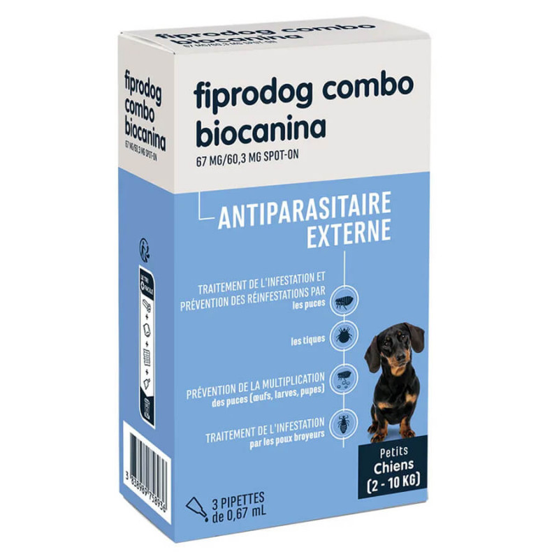 Biocanina Antiparasitaire externe Solution pour Spot-On Chiens Petits de 2kg a 10kg Fiprodog Combo 3 pipettes 3838989758936