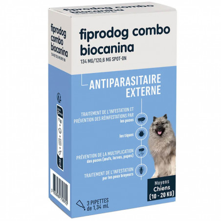 Biocanina Antiparasitaire externe Solution pour Spot-On Chiens Moyens de 10 kg a 20kg Fiprodog Combo 3 pipettes 3838989758950