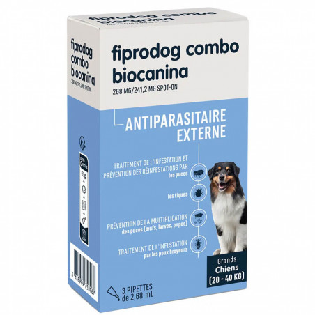 Biocanina Antiparasitaire externe Solution pour Spot-On Chiens Grands de 20kg a 40kg Fiprodog Combo 3 pipettes 3838989758967