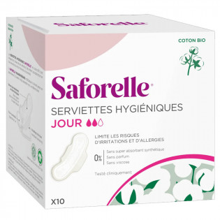 Saforelle 10 serviettes hygiéniques avec ailettes coton Bio Normal 3401560049893