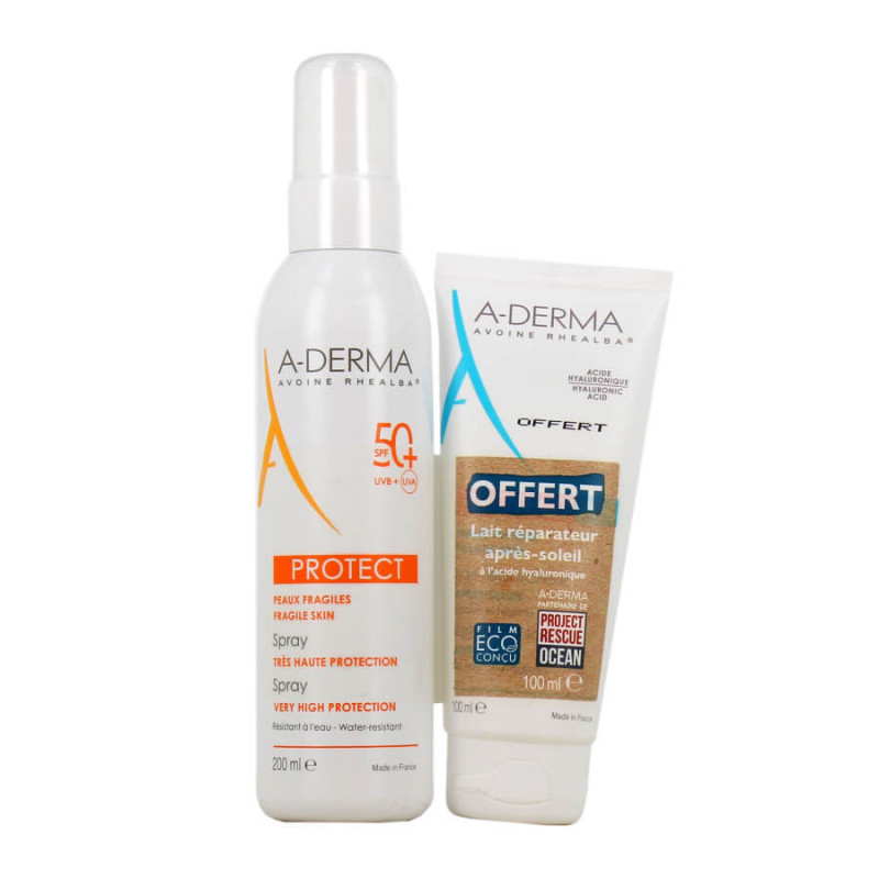 A-DERMA Protect Spray Solaire Très Haute Protection SPF 50+ Lait Après-soleil 100 ml OFFERT 3282770390674