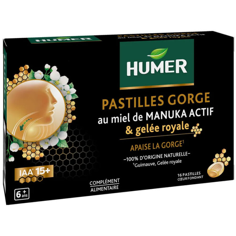 Humer Pastilles Gorge au Miel de Manuka Actif et gelée royale boite de 16 pastilles 3664492020310